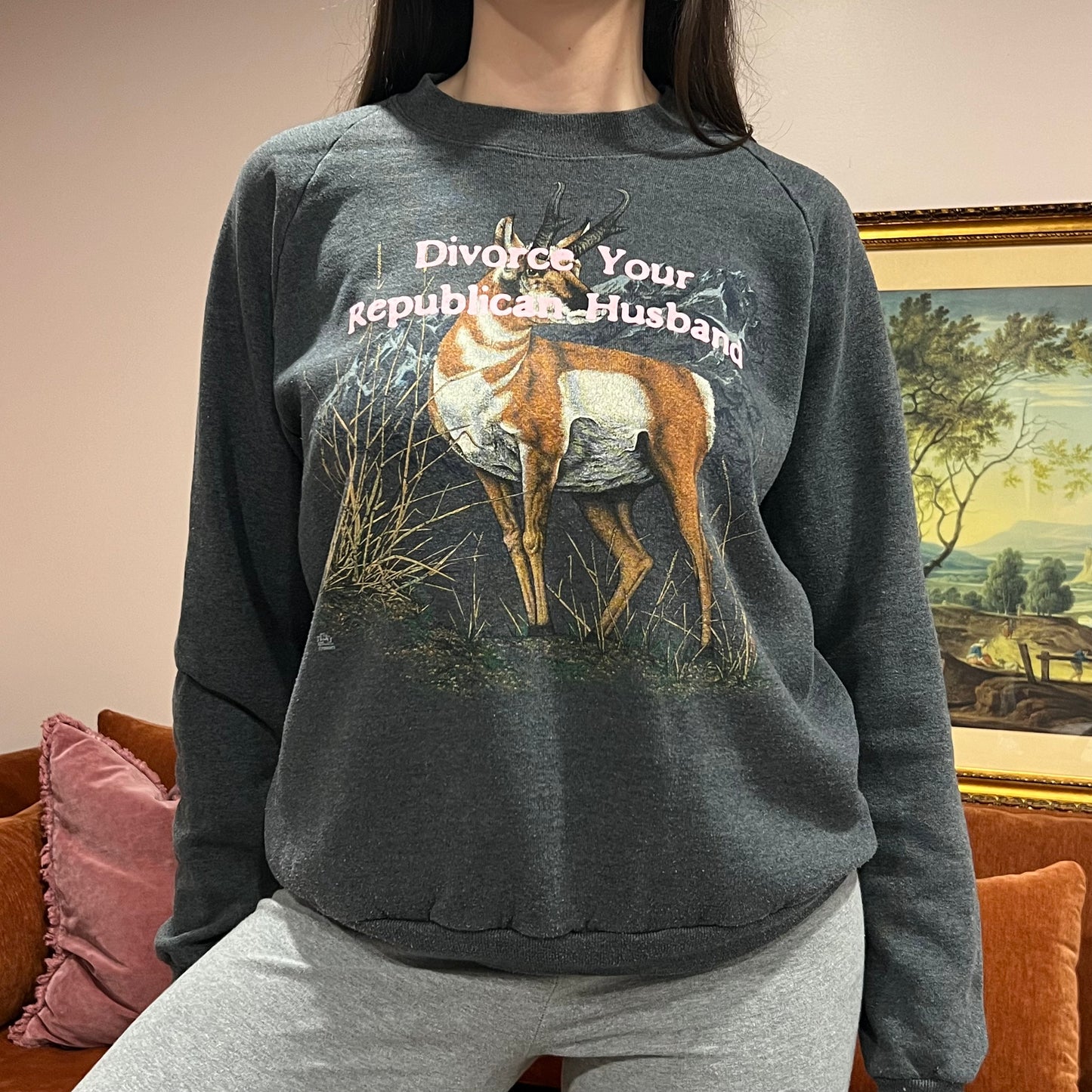 DIVORCE YOUR REPUBLICAN HUSBAND animal crewneck with pink text (XL)