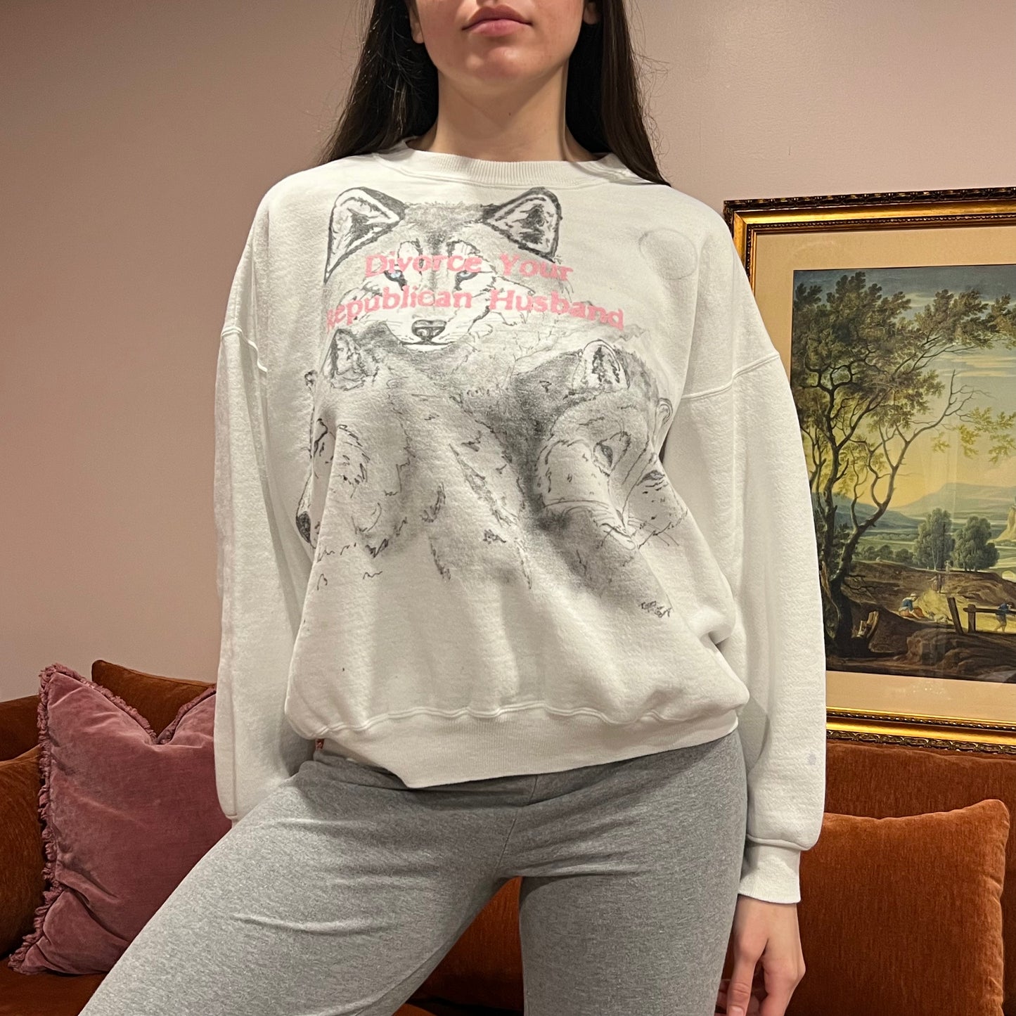 DIVORCE YOUR REPUBLICAN HUSBAND animal crewneck with pink text (XL)