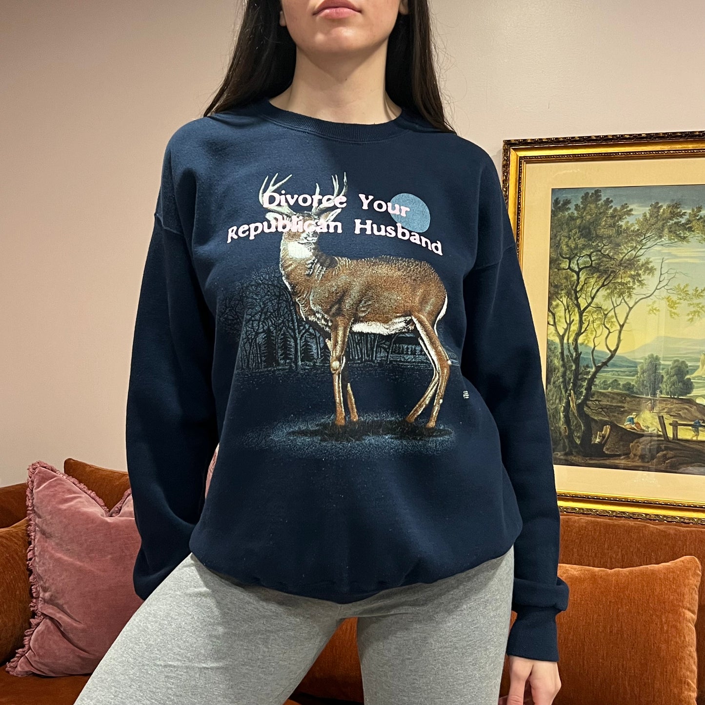 DIVORCE YOUR REPUBLICAN HUSBAND animal crewneck with pink text (XL)