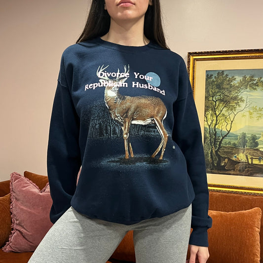 DIVORCE YOUR REPUBLICAN HUSBAND animal crewneck with pink text (XL)