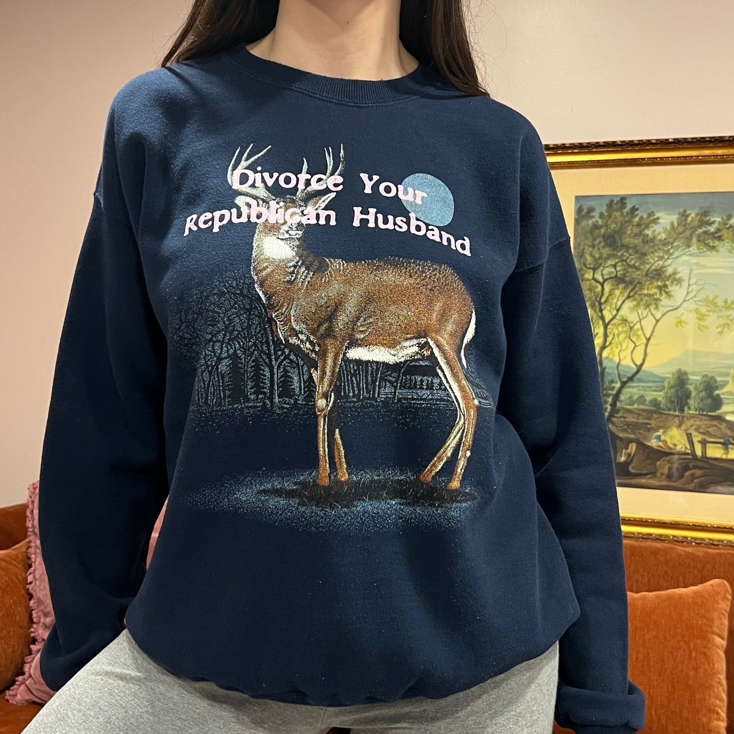 DIVORCE YOUR REPUBLICAN HUSBAND animal crewneck with pink text (XL)