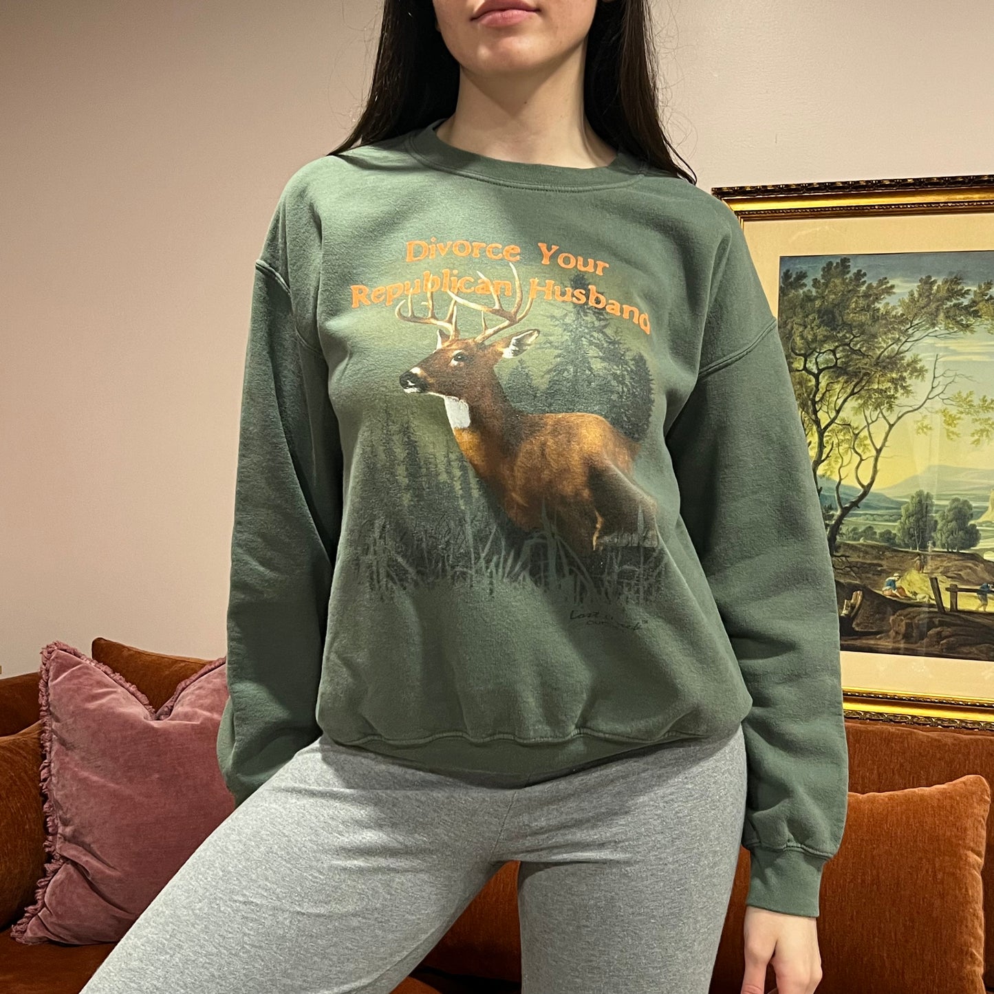 DIVORCE YOUR REPUBLICAN HUSBAND animal crewneck with orange text (M)