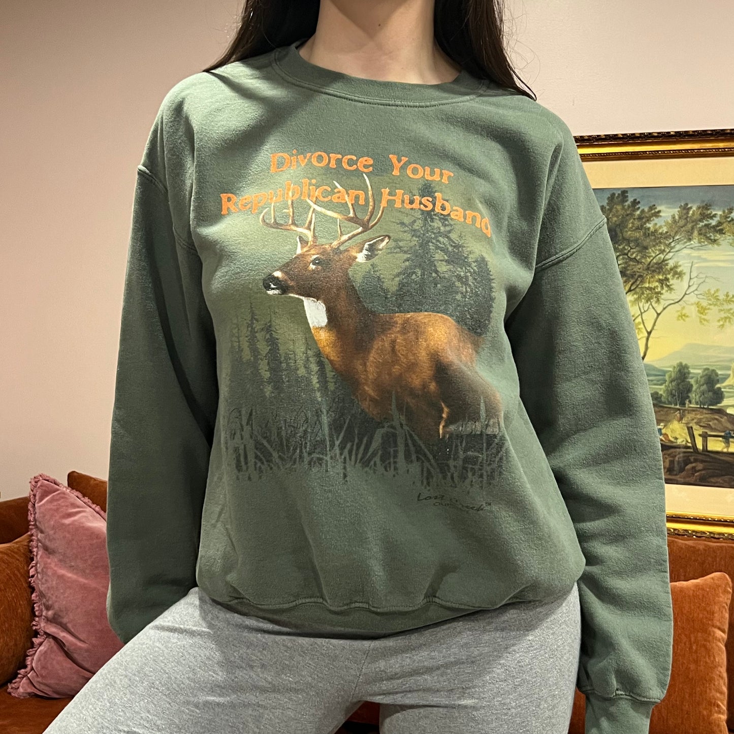 DIVORCE YOUR REPUBLICAN HUSBAND animal crewneck with orange text (M)