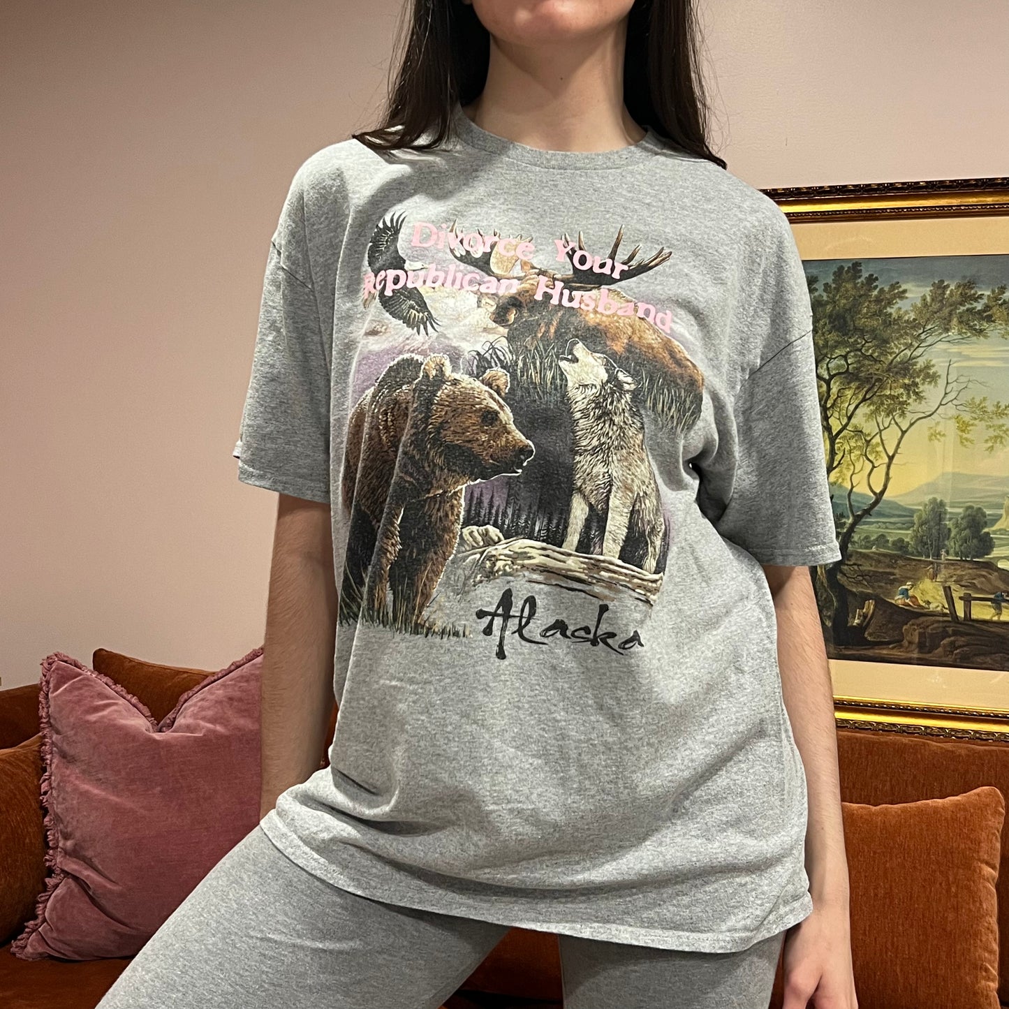 DIVORCE YOUR REPUBLICAN HUSBAND animal t-shirt with pink text (L)