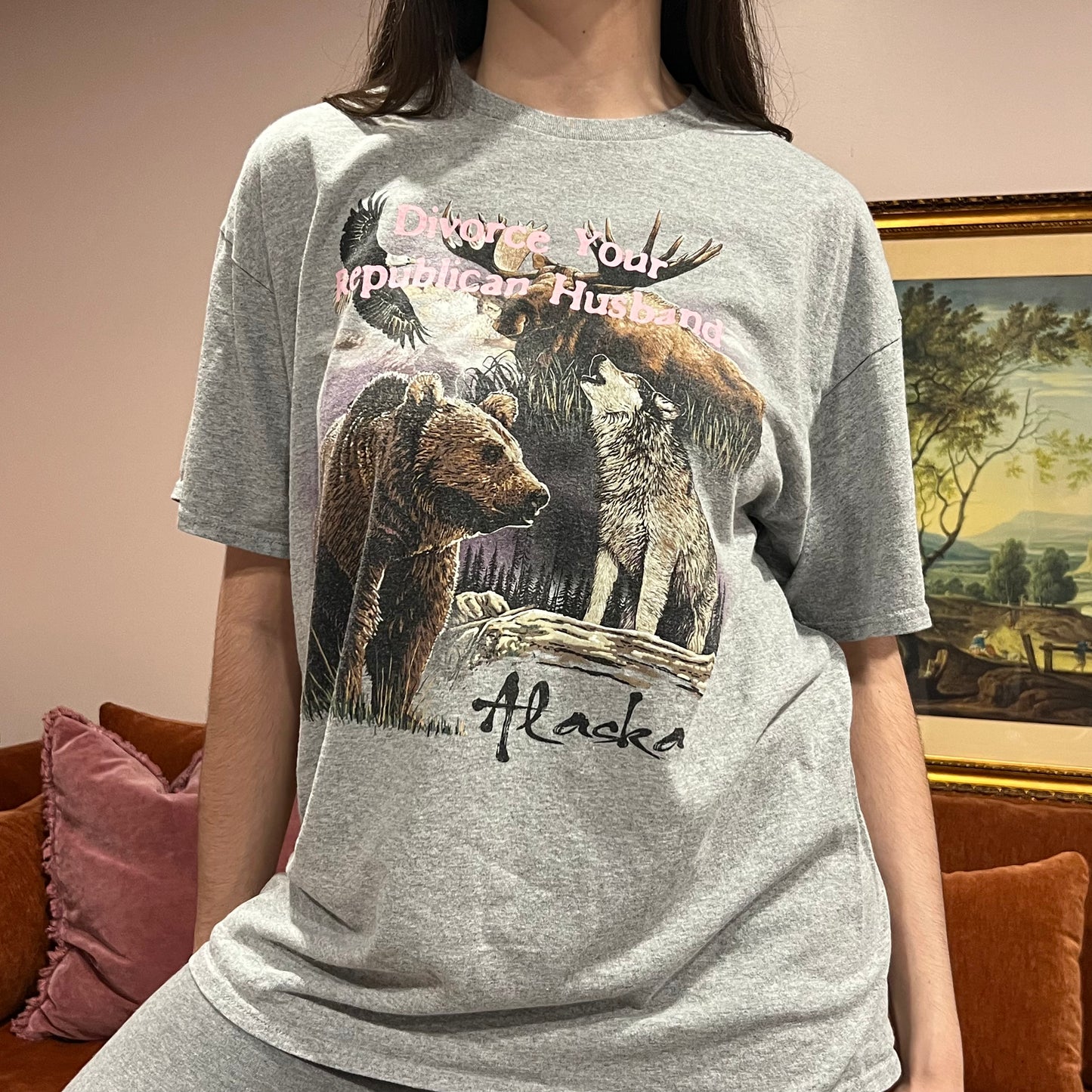 DIVORCE YOUR REPUBLICAN HUSBAND animal t-shirt with pink text (L)