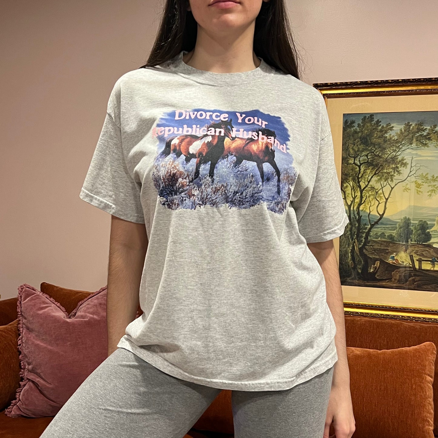 DIVORCE YOUR REPUBLICAN HUSBAND animal t-shirt with pink text (L)