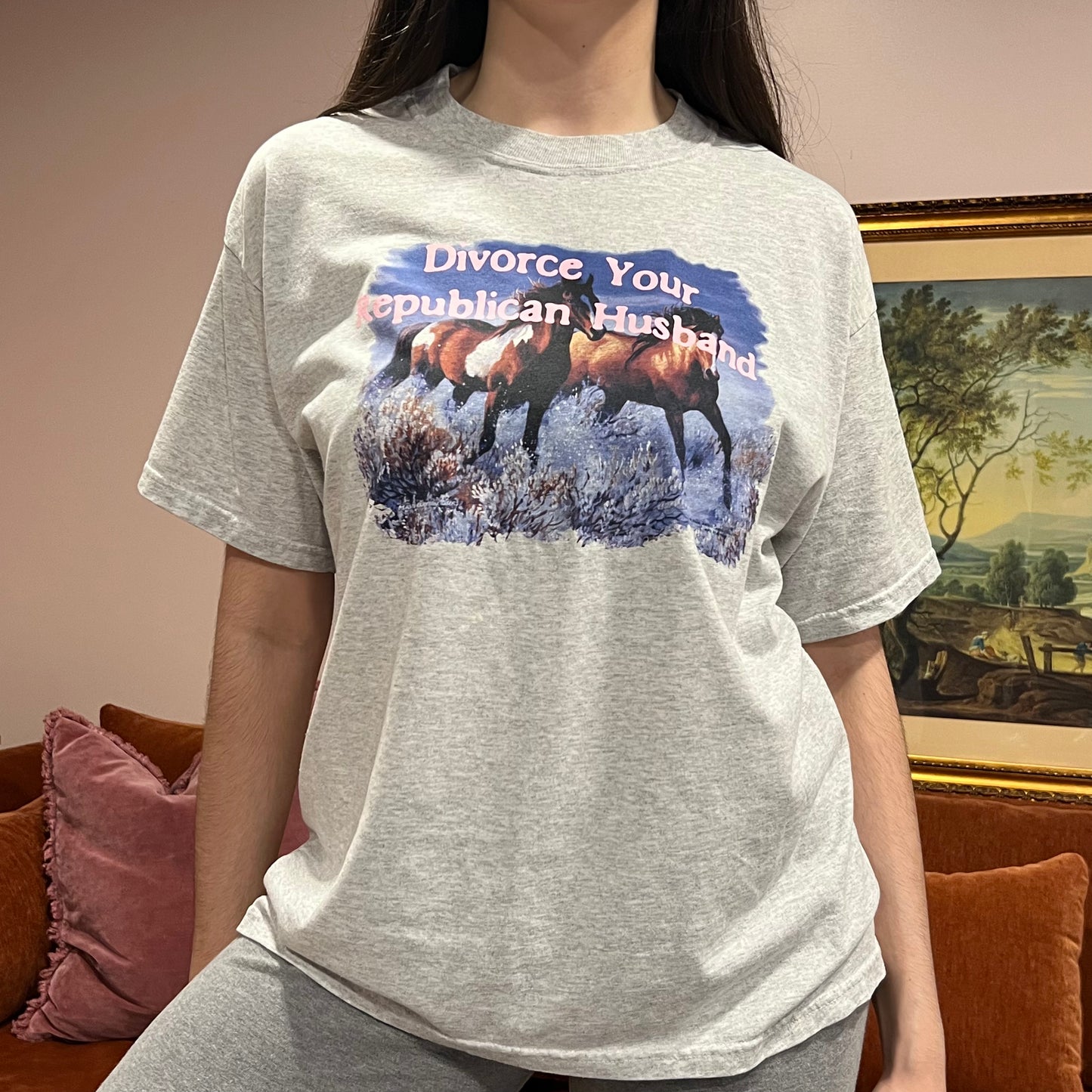 DIVORCE YOUR REPUBLICAN HUSBAND animal t-shirt with pink text (L)