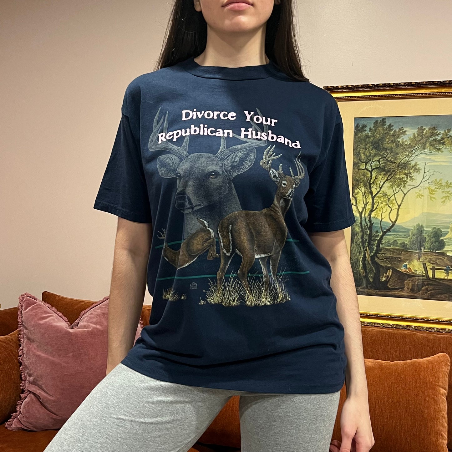 DIVORCE YOUR REPUBLICAN HUSBAND animal t-shirt with pink text (L)