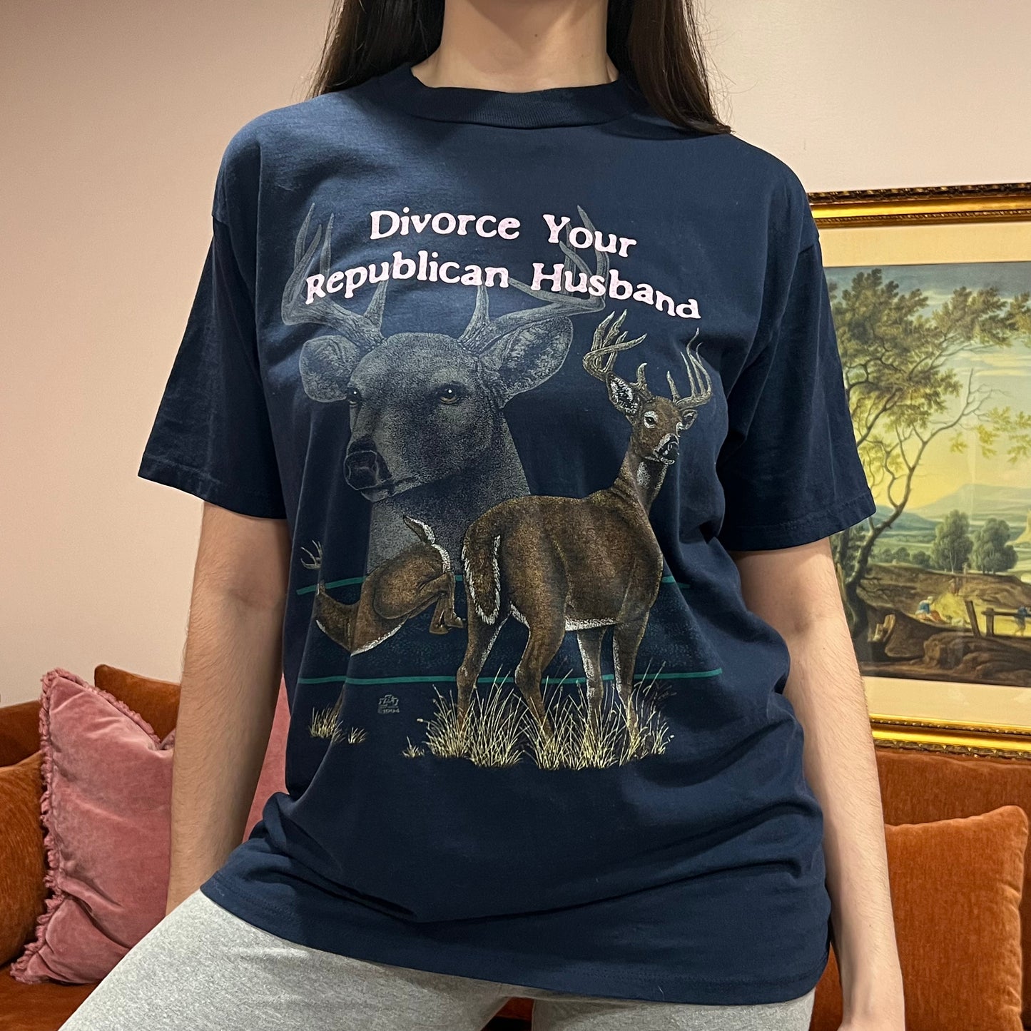 DIVORCE YOUR REPUBLICAN HUSBAND animal t-shirt with pink text (L)