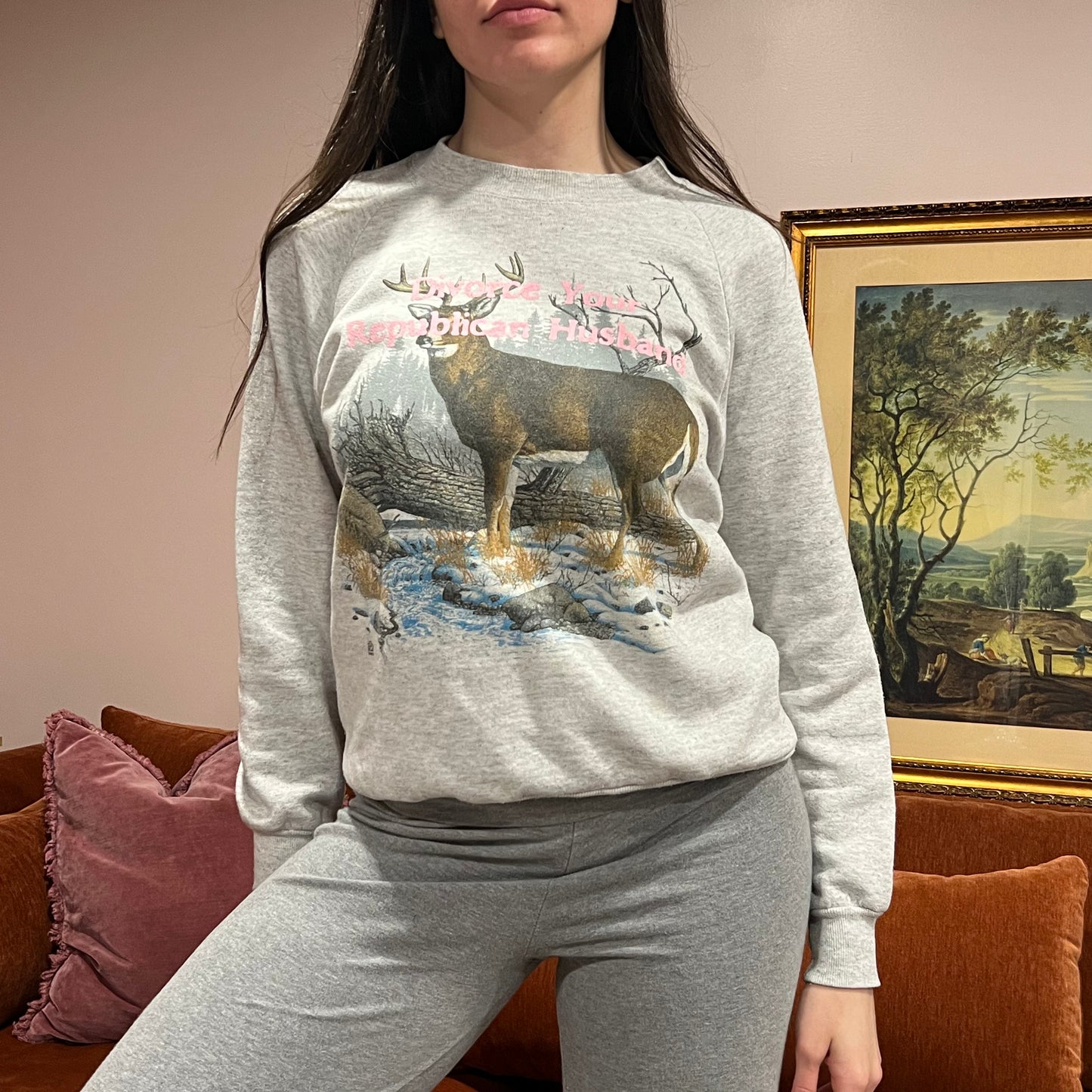DIVORCE YOUR REPUBLICAN HUSBAND animal crewneck with pink text (M)