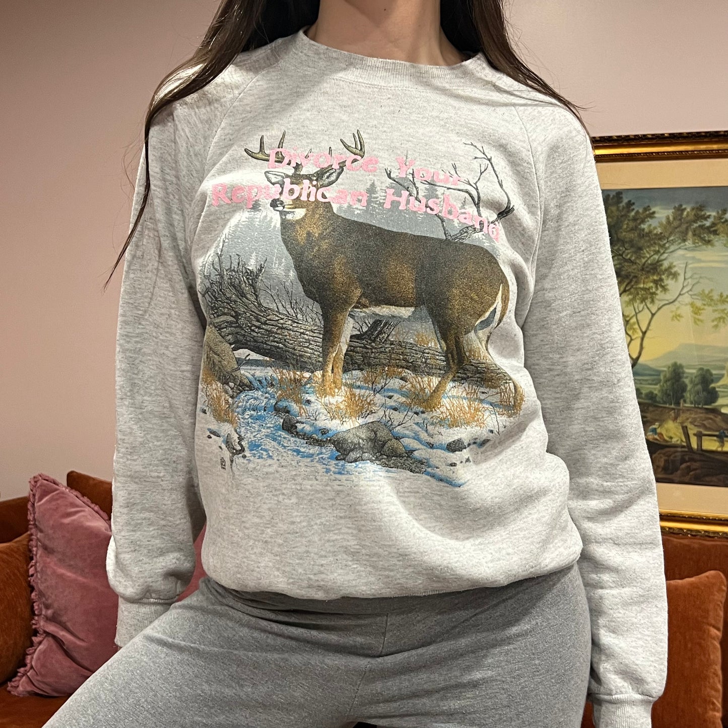 DIVORCE YOUR REPUBLICAN HUSBAND animal crewneck with pink text (M)