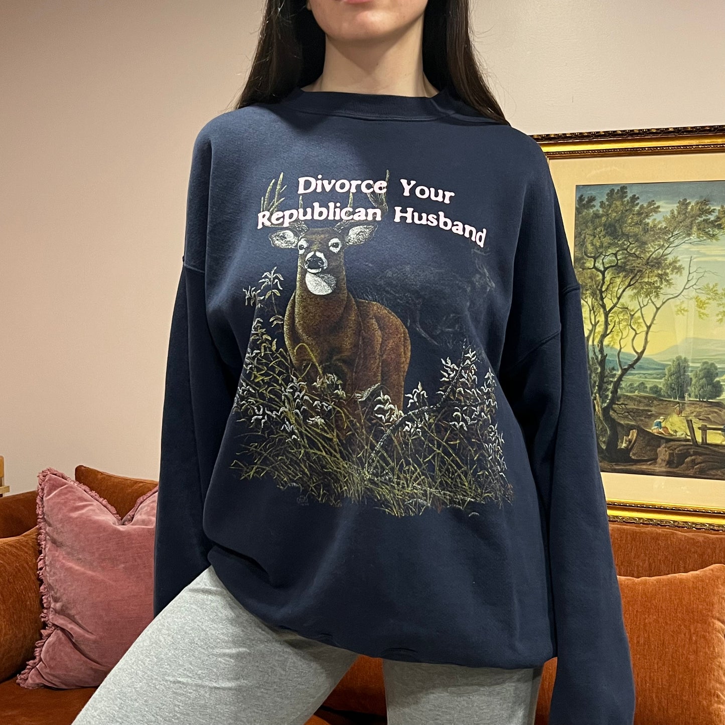 DIVORCE YOUR REPUBLICAN HUSBAND animal crewneck with pink text (2XL)