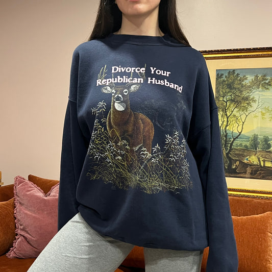 DIVORCE YOUR REPUBLICAN HUSBAND animal crewneck with pink text (2XL)