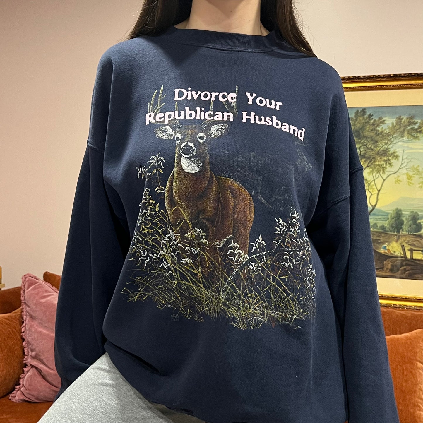 DIVORCE YOUR REPUBLICAN HUSBAND animal crewneck with pink text (2XL)