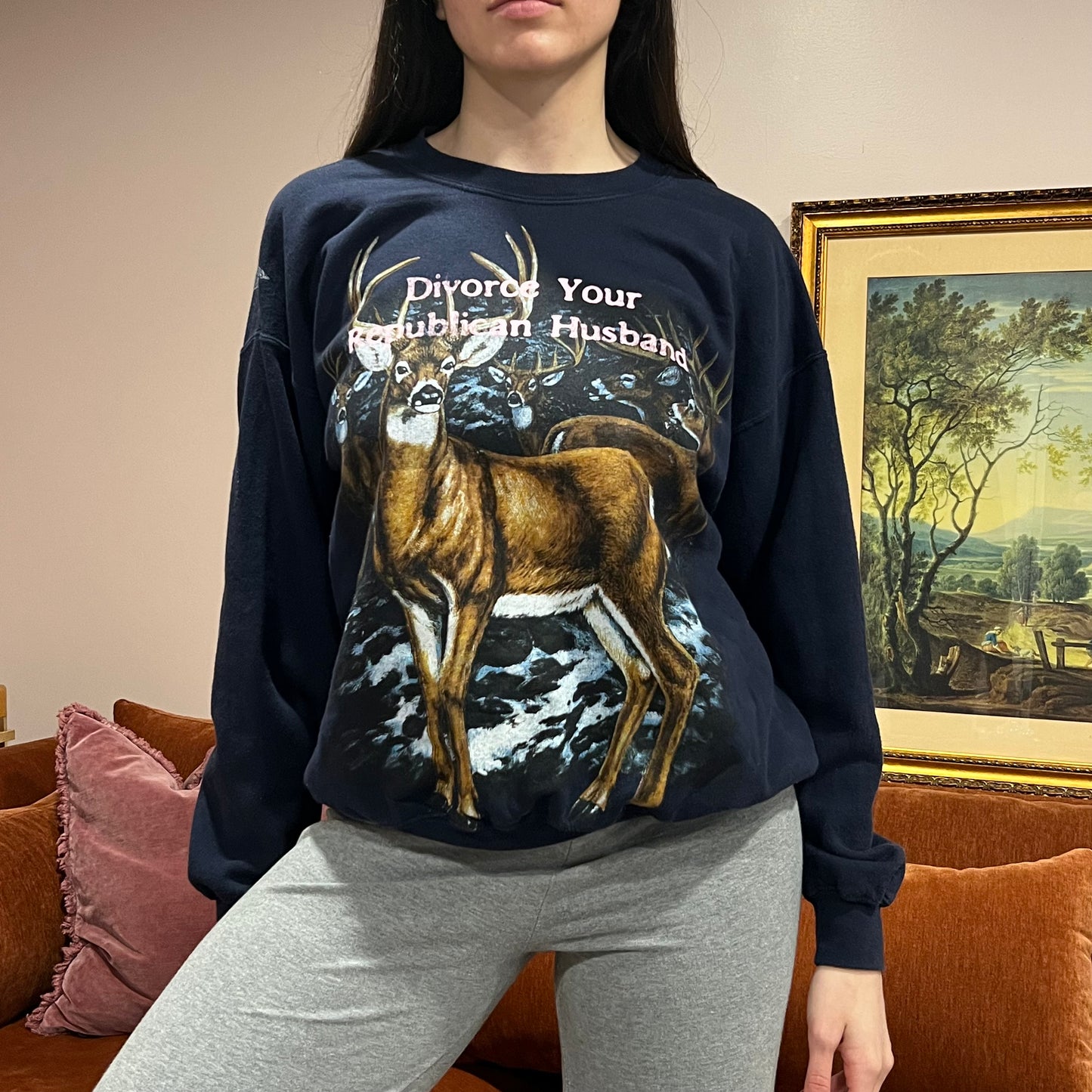 DIVORCE YOUR REPUBLICAN HUSBAND animal crewneck with pink text (L)