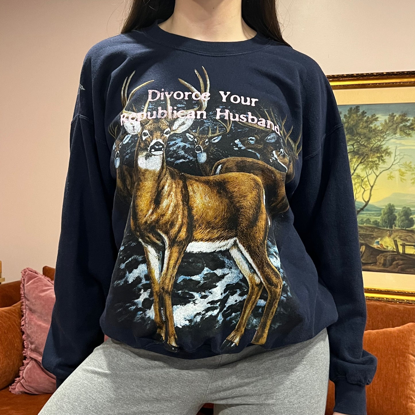 DIVORCE YOUR REPUBLICAN HUSBAND animal crewneck with pink text (L)