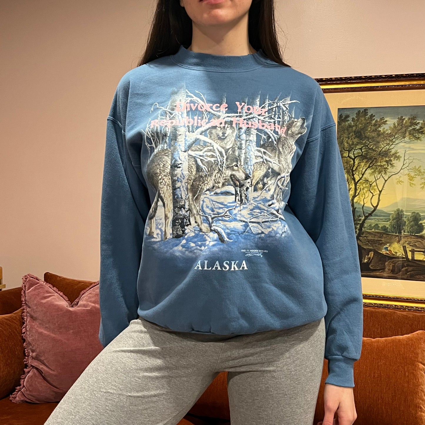 DIVORCE YOUR REPUBLICAN HUSBAND animal crewneck with pink text (M)