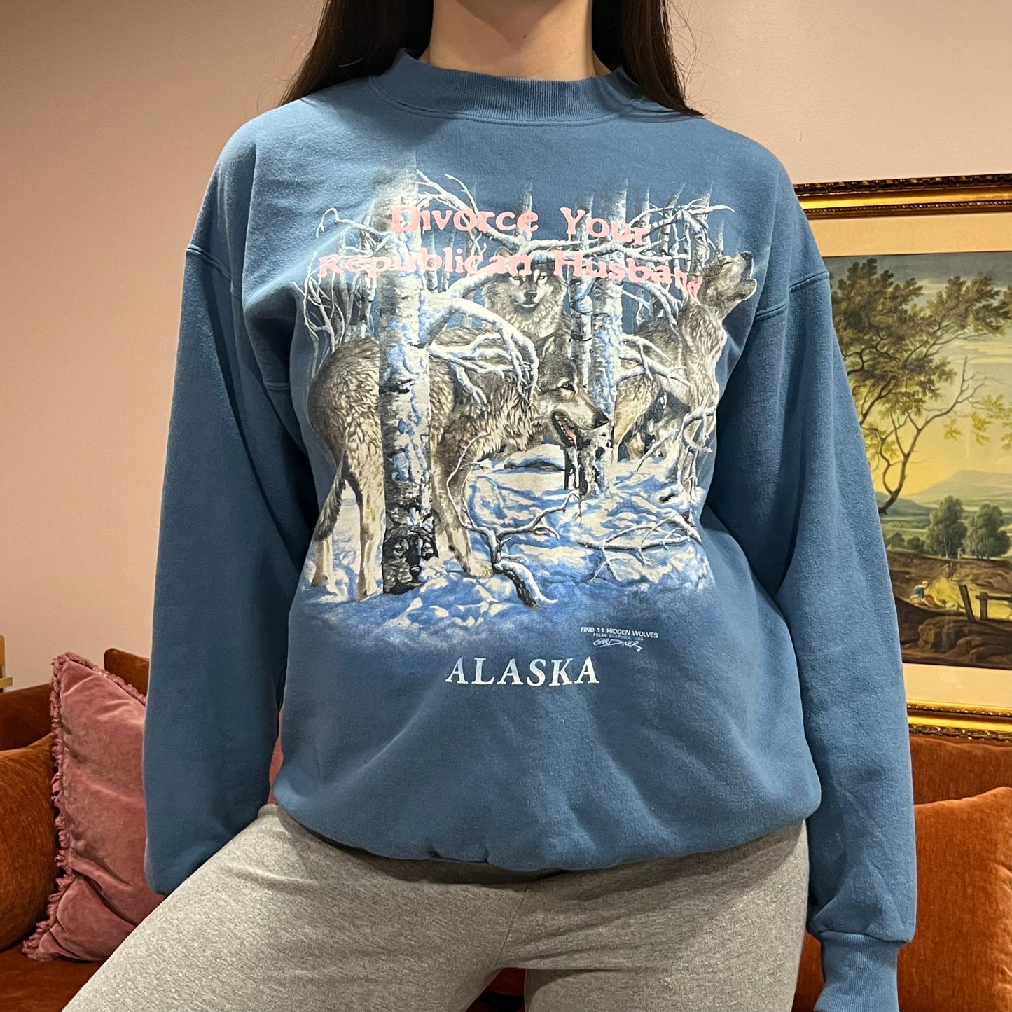 DIVORCE YOUR REPUBLICAN HUSBAND animal crewneck with pink text (M)