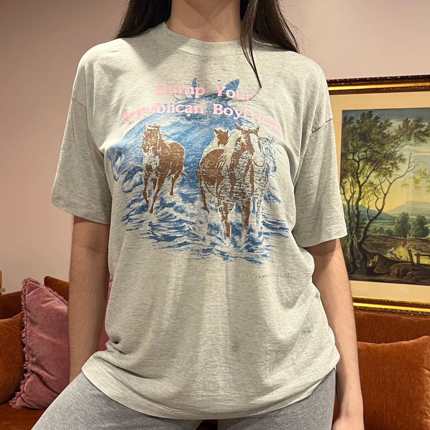DUMP YOUR REPUBLICAN BOYFRIEND animal t-shirt with pink text (L)