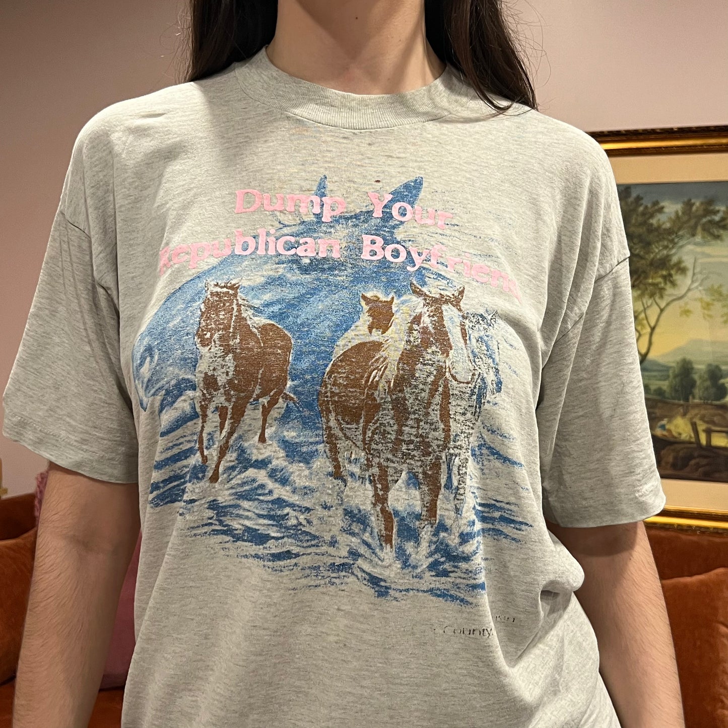 DUMP YOUR REPUBLICAN BOYFRIEND animal t-shirt with pink text (L)