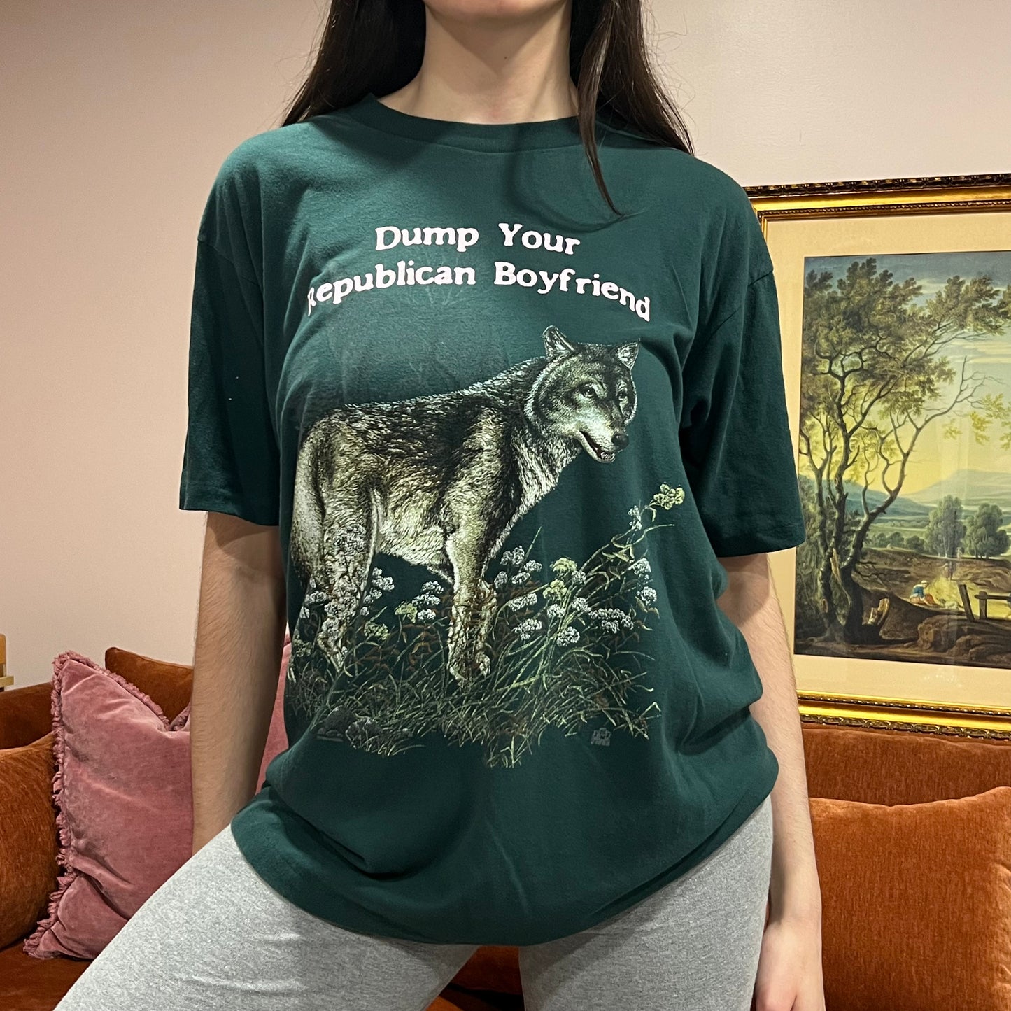 DUMP YOUR REPUBLICAN BOYFRIEND animal t-shirt with pink text (XL)