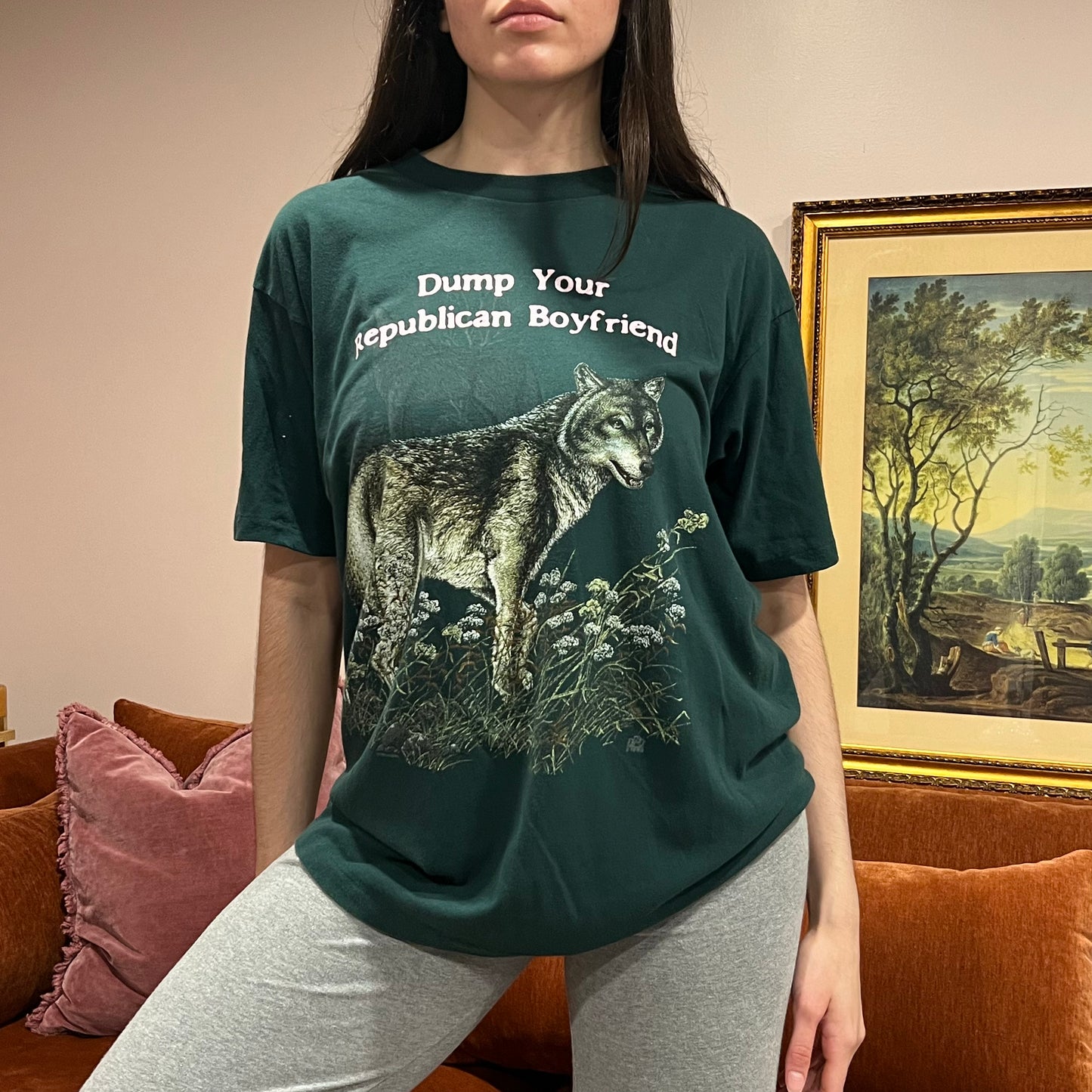 DUMP YOUR REPUBLICAN BOYFRIEND animal t-shirt with pink text (XL)