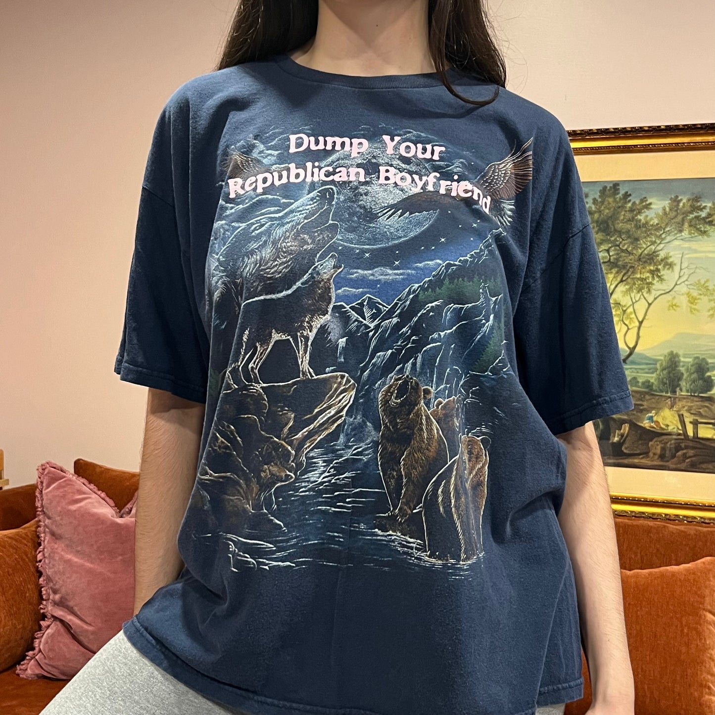 DUMP YOUR REPUBLICAN BOYFRIEND animal t-shirt with pink text (XL)