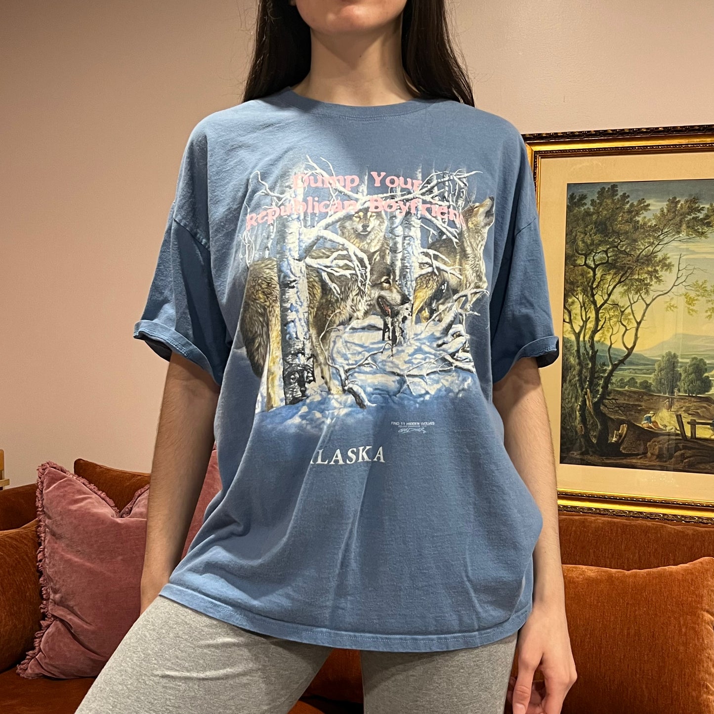 DUMP YOUR REPUBLICAN BOYFRIEND animal t-shirt with pink text (XL)