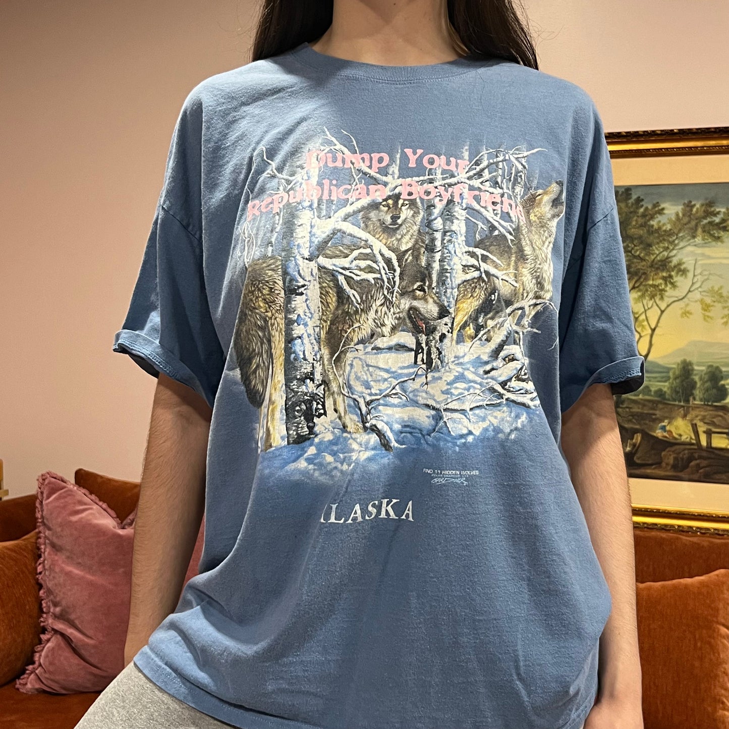 DUMP YOUR REPUBLICAN BOYFRIEND animal t-shirt with pink text (XL)