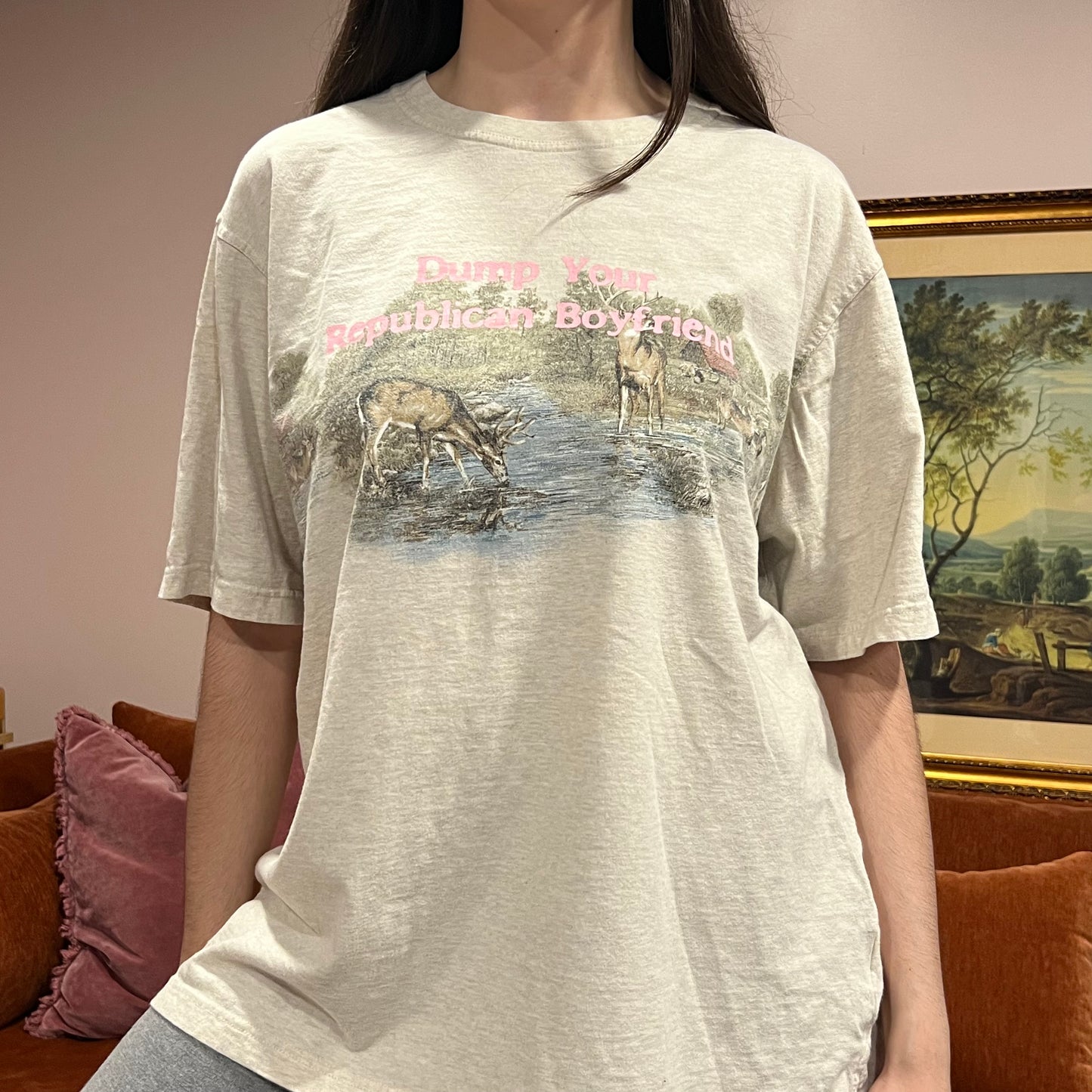 DUMP YOUR REPUBLICAN BOYFRIEND animal t-shirt with pink text (XL)