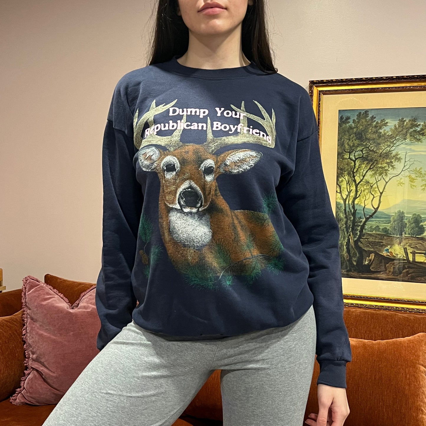 DUMP YOUR REPUBLICAN BOYFRIEND animal crewneck with pink text (L)