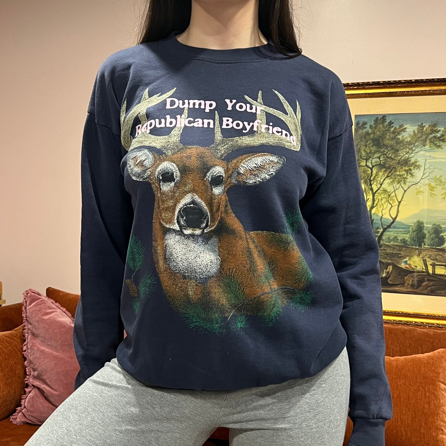 DUMP YOUR REPUBLICAN BOYFRIEND animal crewneck with pink text (L)