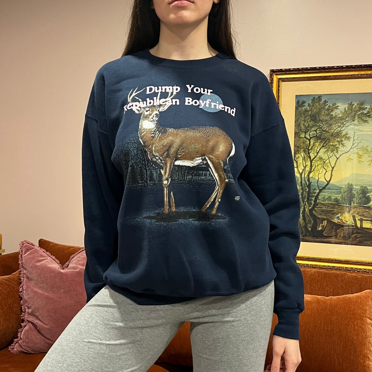DUMP YOUR REPUBLICAN BOYFRIEND animal crewneck with pink text (XL)