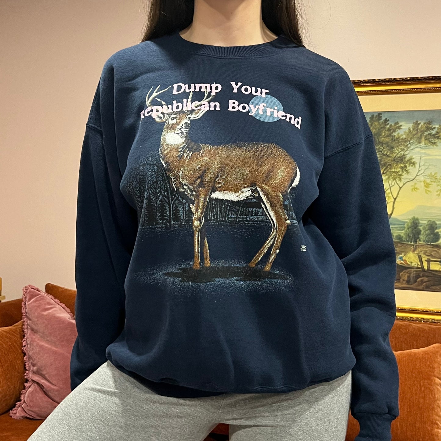 DUMP YOUR REPUBLICAN BOYFRIEND animal crewneck with pink text (XL)