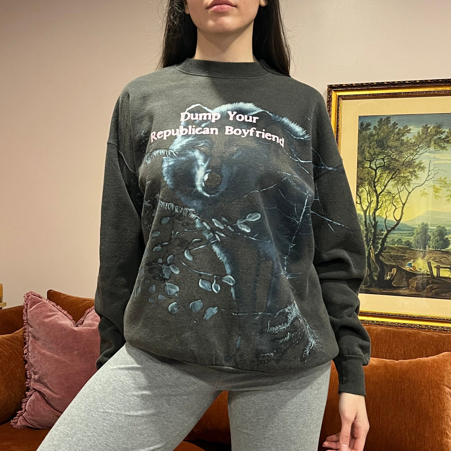 DUMP YOUR REPUBLICAN BOYFRIEND animal crewneck with pink text (XL)