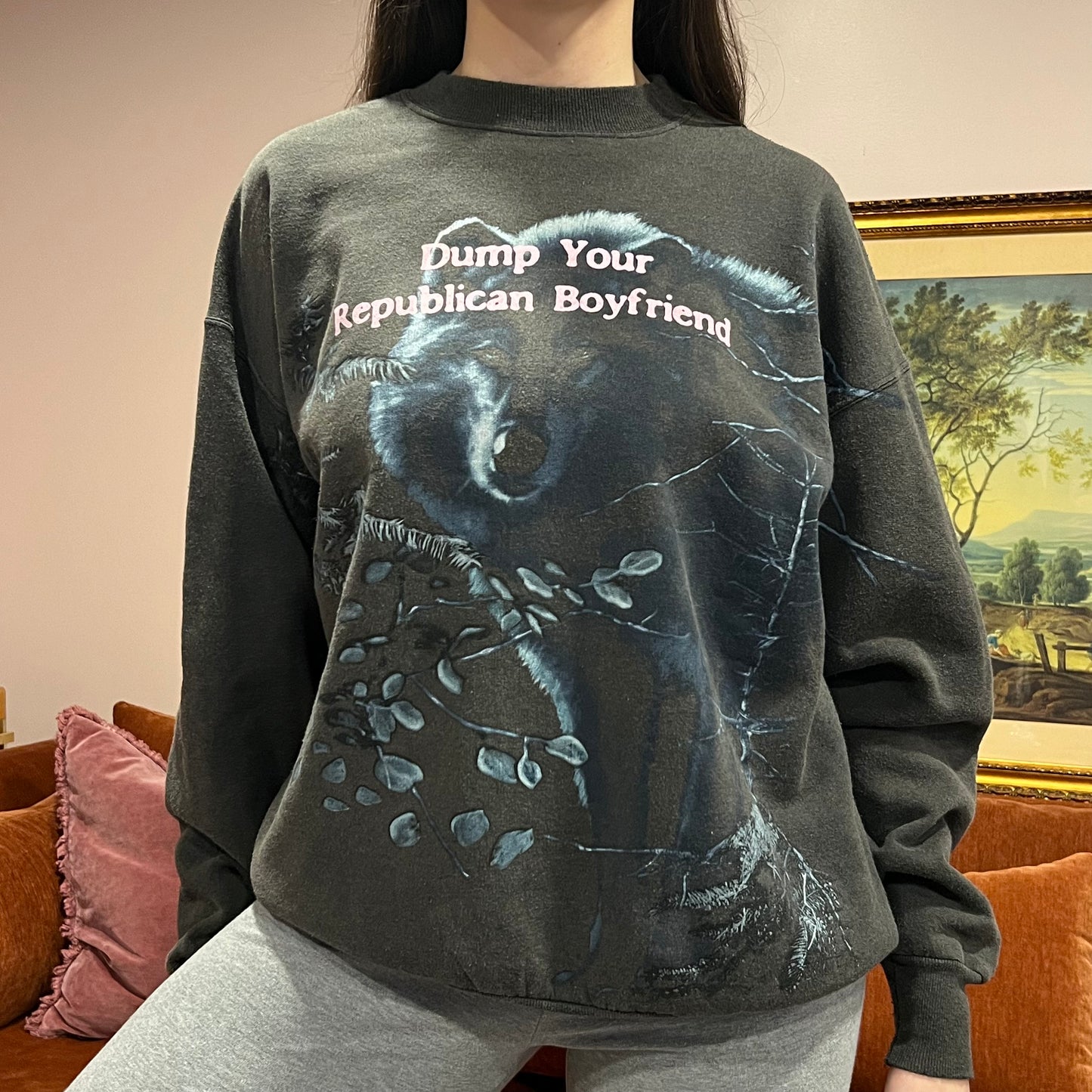 DUMP YOUR REPUBLICAN BOYFRIEND animal crewneck with pink text (XL)