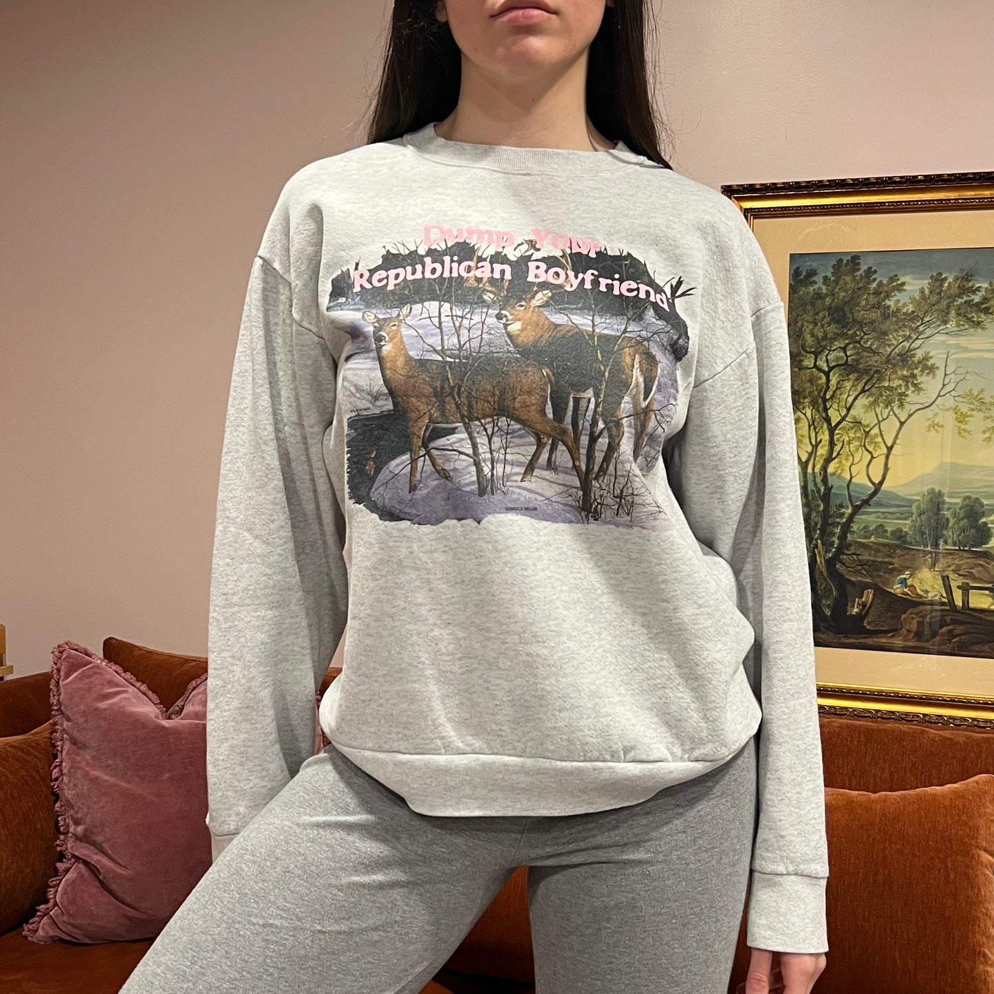 DUMP YOUR REPUBLICAN BOYFRIEND animal crewneck with pink text (XL)