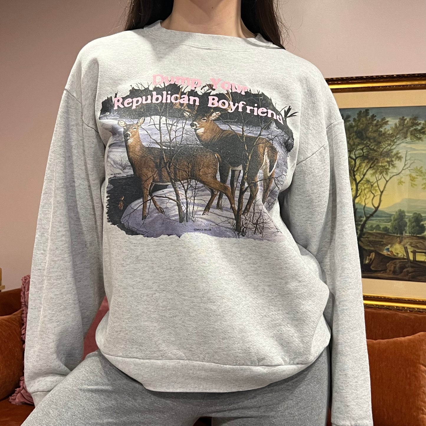 DUMP YOUR REPUBLICAN BOYFRIEND animal crewneck with pink text (XL)