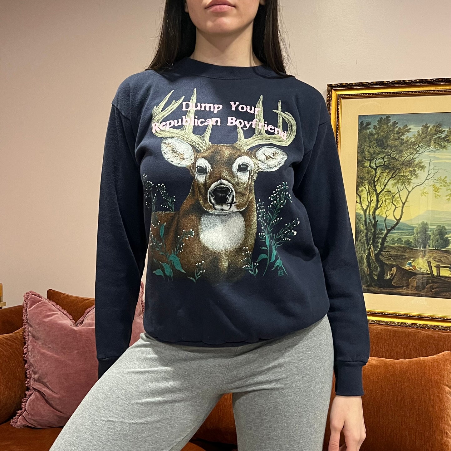 DUMP YOUR REPUBLICAN BOYFRIEND animal crewneck with pink text (M)