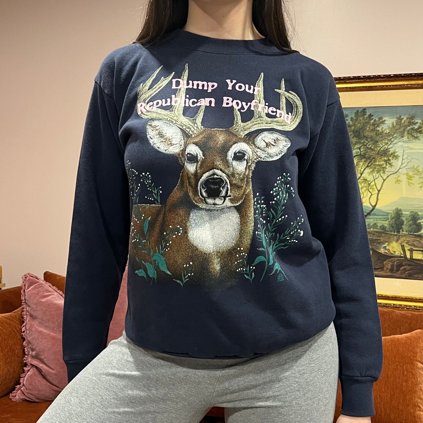DUMP YOUR REPUBLICAN BOYFRIEND animal crewneck with pink text (M)