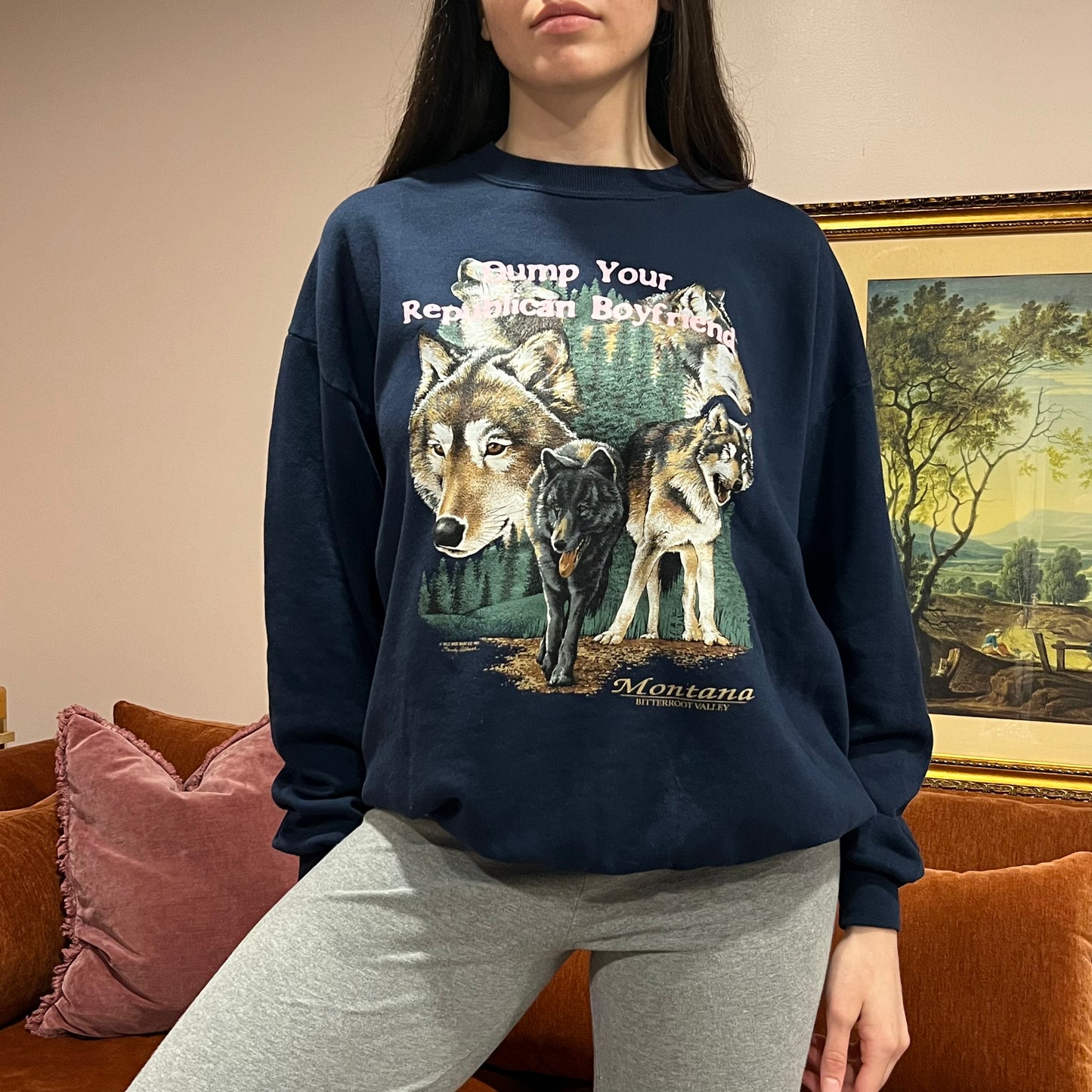 DUMP YOUR REPUBLICAN BOYFRIEND animal crewneck with pink text (XL)