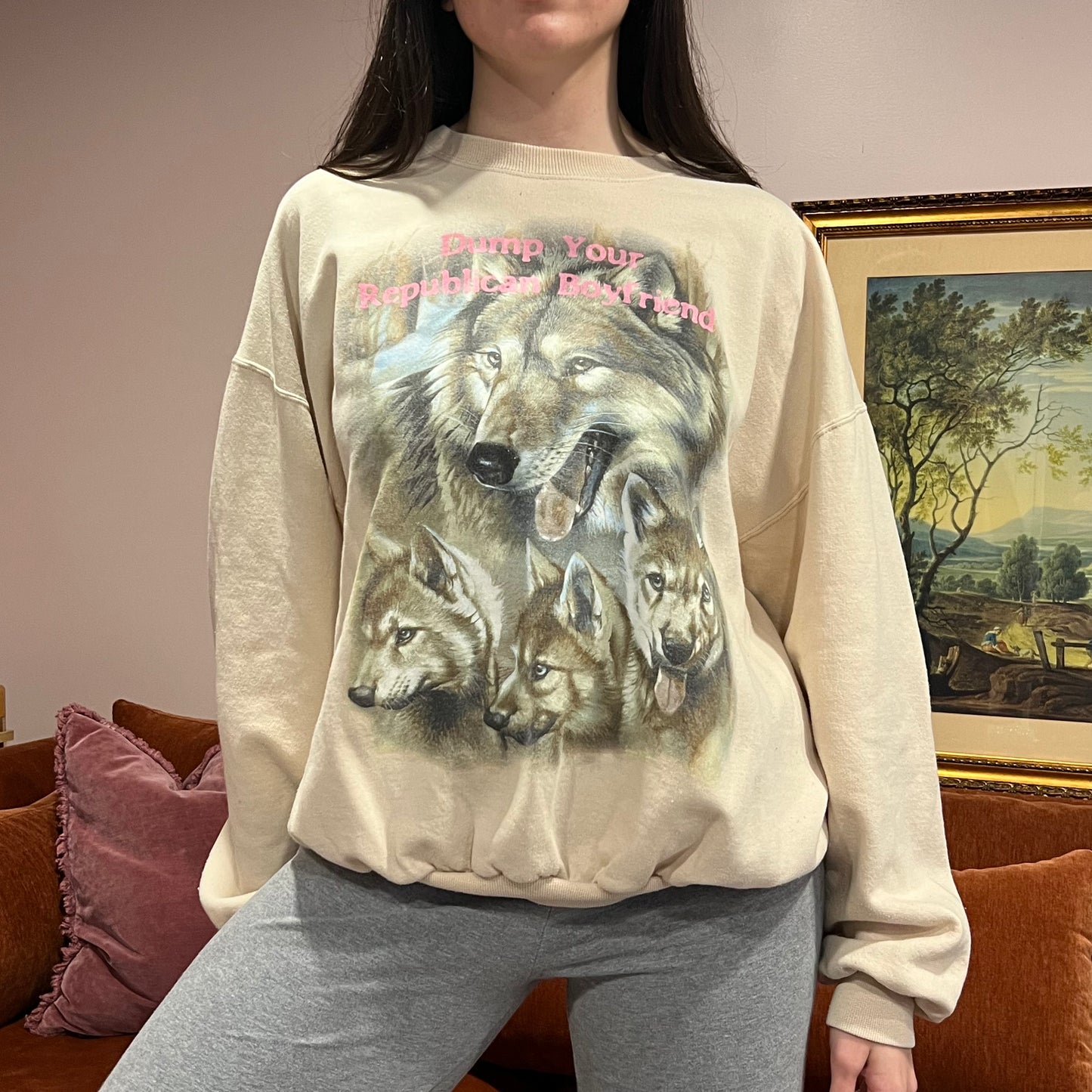DUMP YOUR REPUBLICAN BOYFRIEND animal crewneck with pink text (XL)