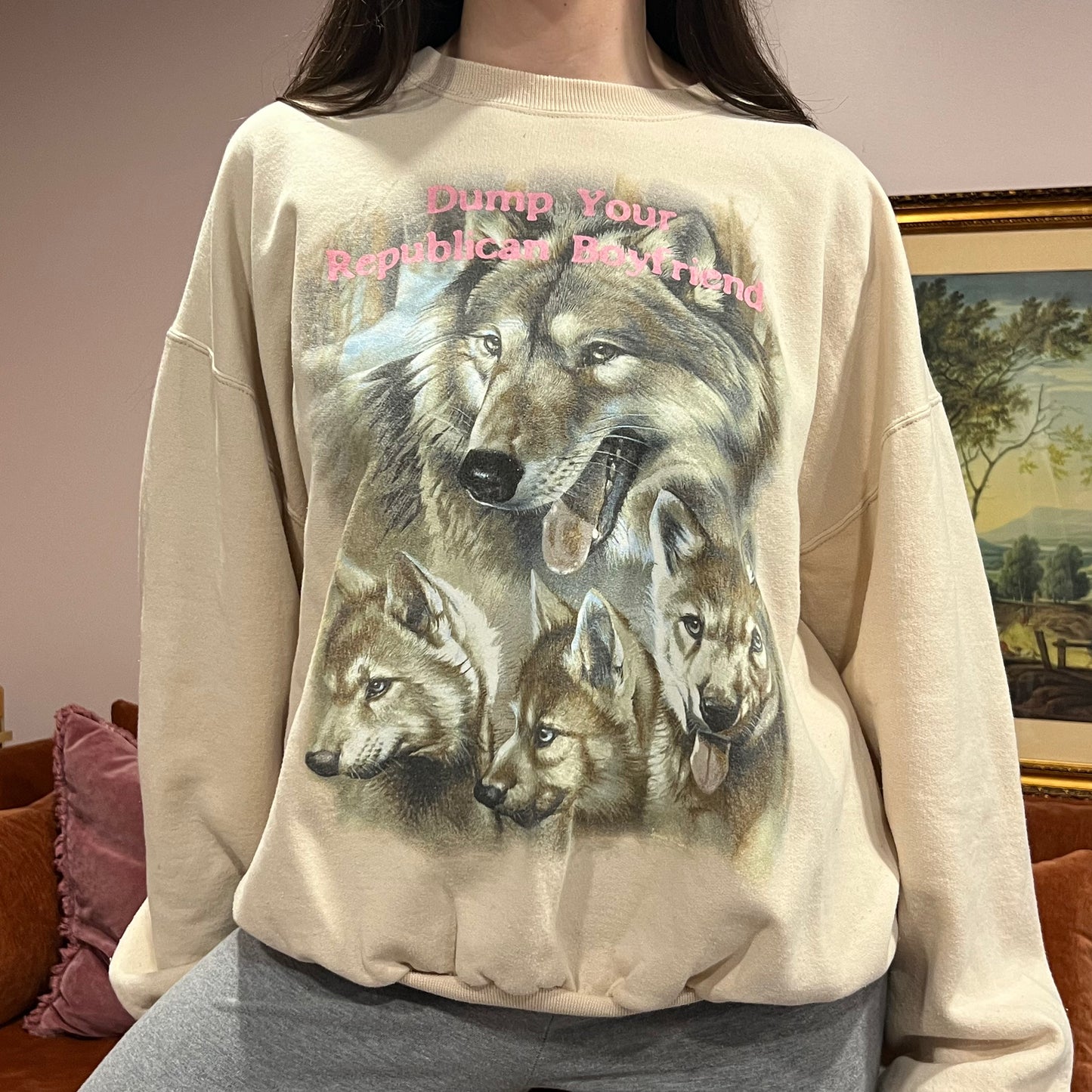 DUMP YOUR REPUBLICAN BOYFRIEND animal crewneck with pink text (XL)