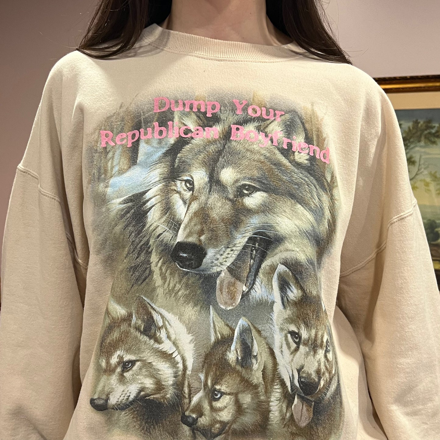 DUMP YOUR REPUBLICAN BOYFRIEND animal crewneck with pink text (XL)