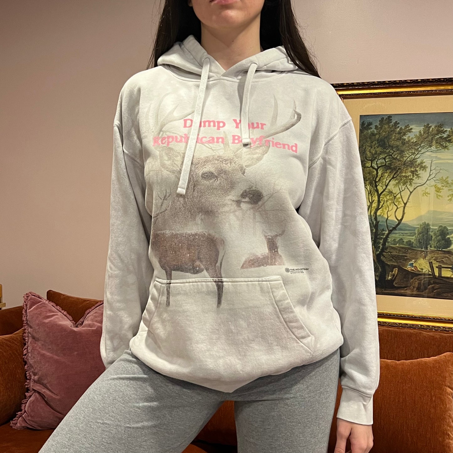 DUMP YOUR REPUBLICAN BOYFRIEND animal hoodie with pink text (M)
