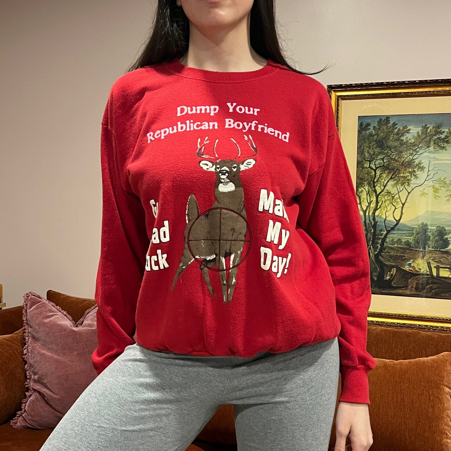 DUMP YOUR REPUBLICAN BOYFRIEND animal crewneck with pink text (L)