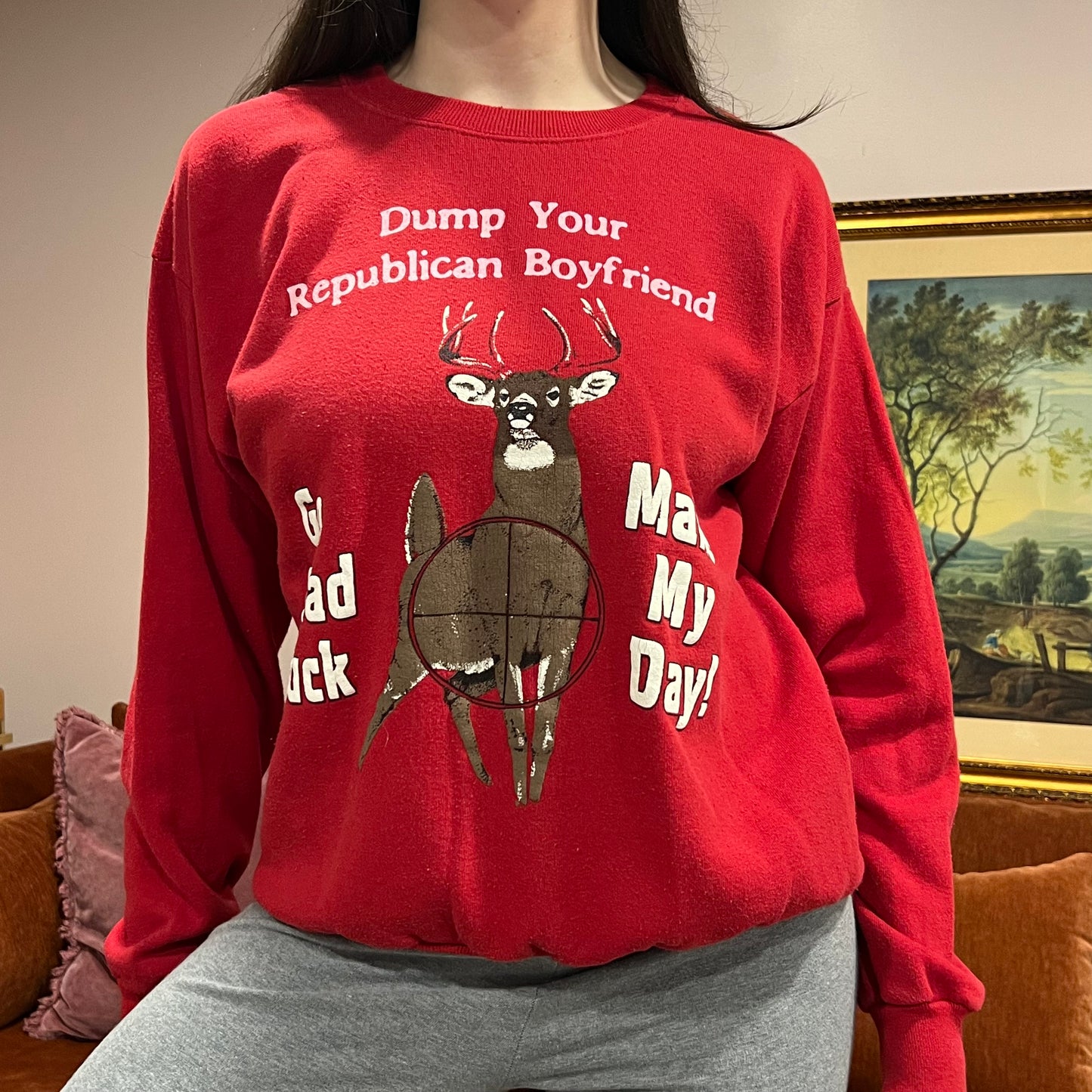 DUMP YOUR REPUBLICAN BOYFRIEND animal crewneck with pink text (L)
