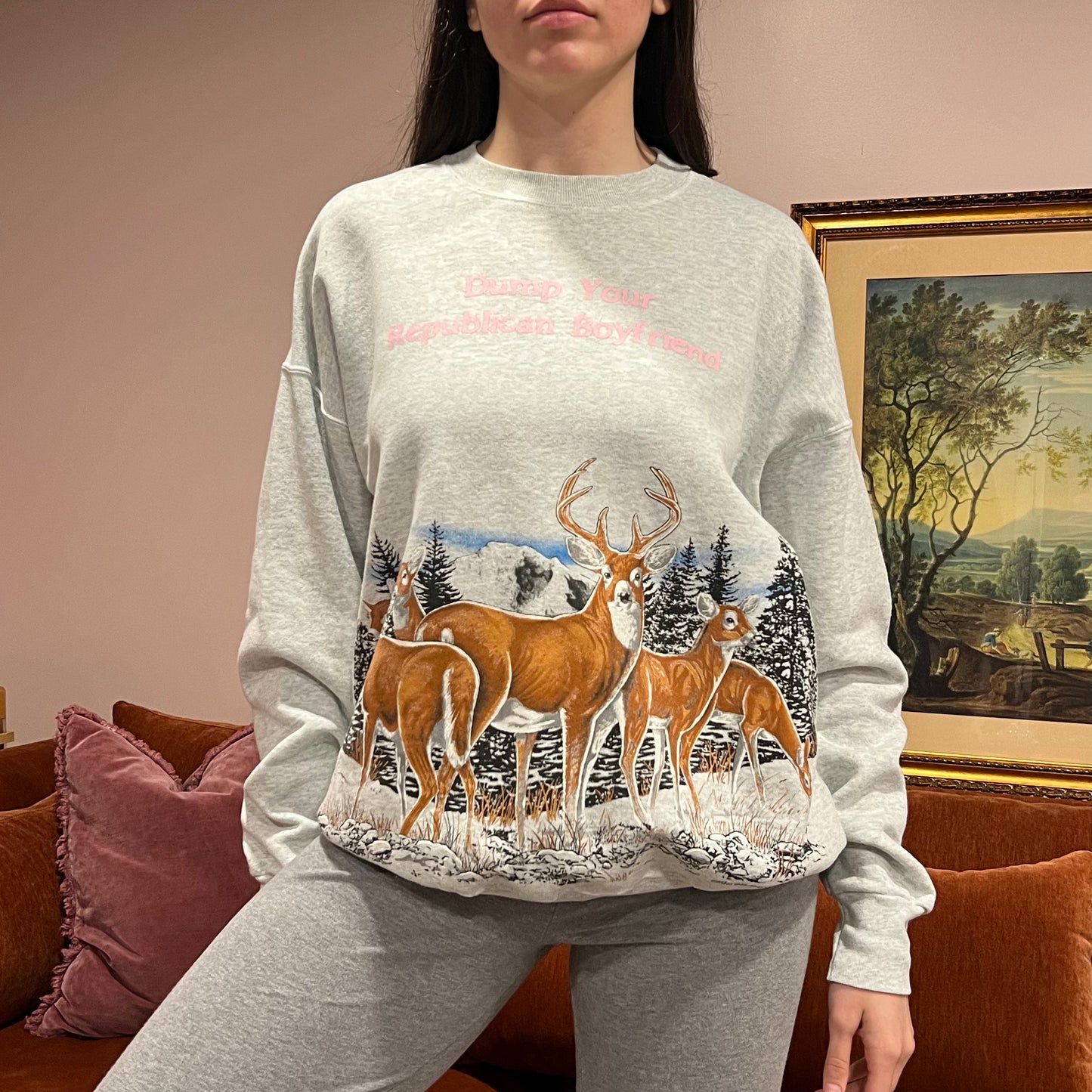 DUMP YOUR REPUBLICAN BOYFRIEND animal crewneck with pink text (XL)