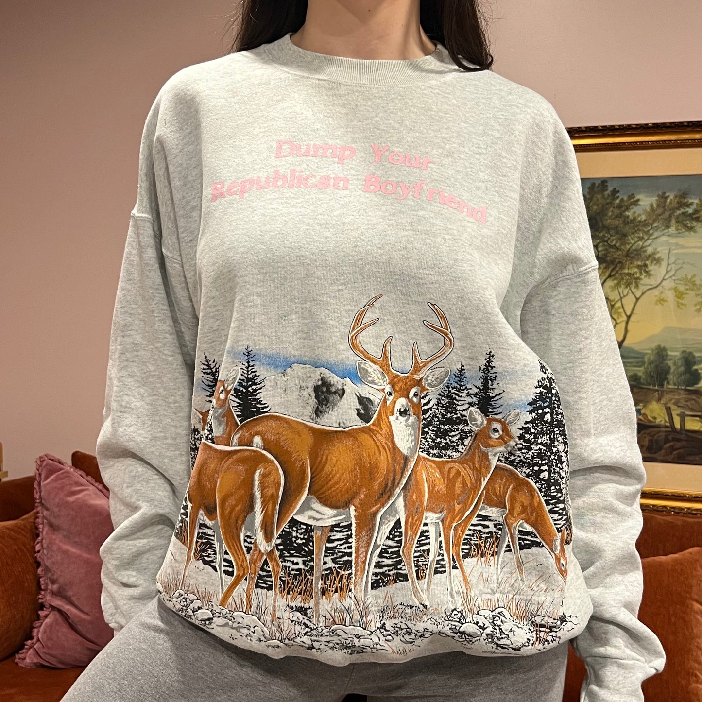 DUMP YOUR REPUBLICAN BOYFRIEND animal crewneck with pink text (XL)