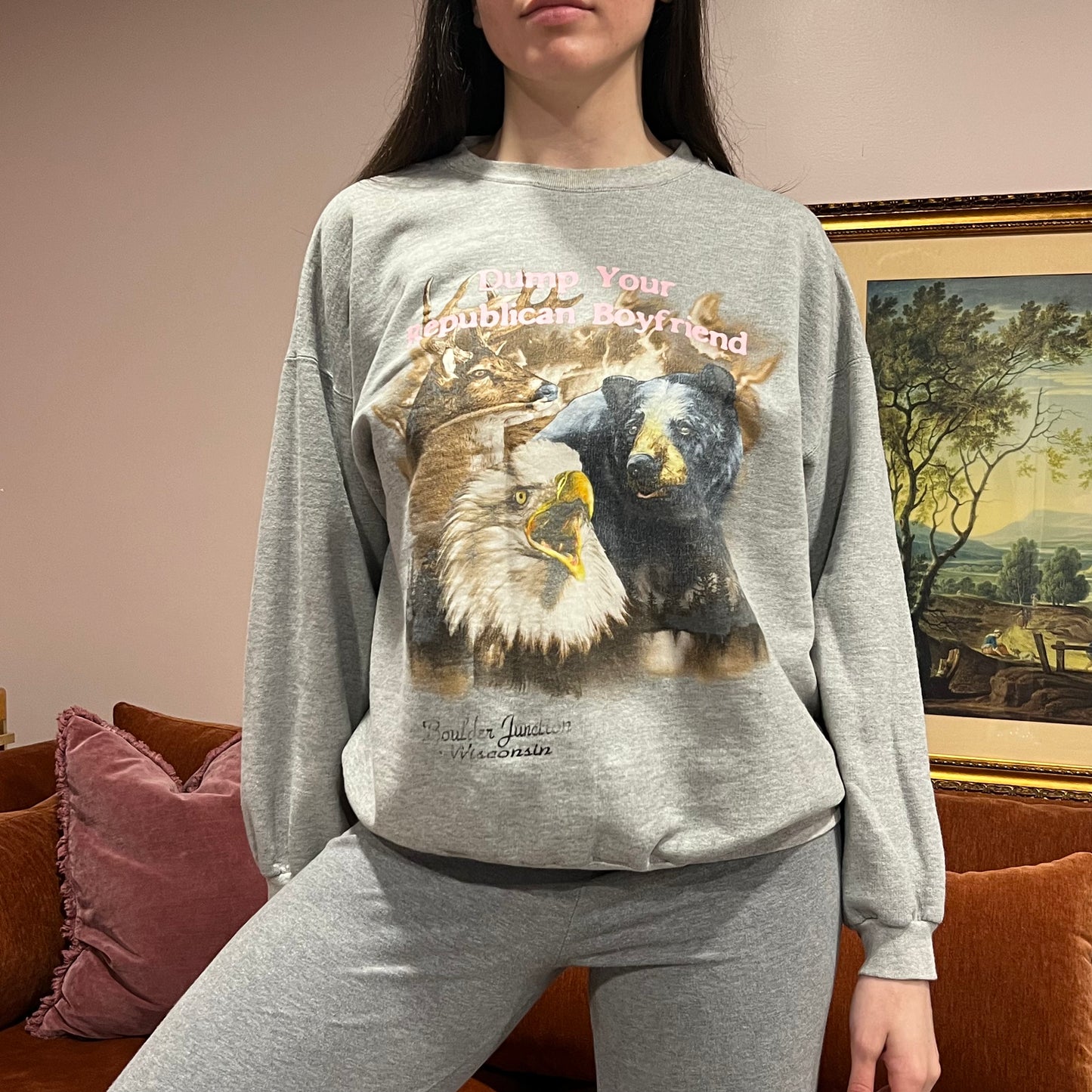 DUMP YOUR REPUBLICAN BOYFRIEND animal crewneck with pink text (XL)